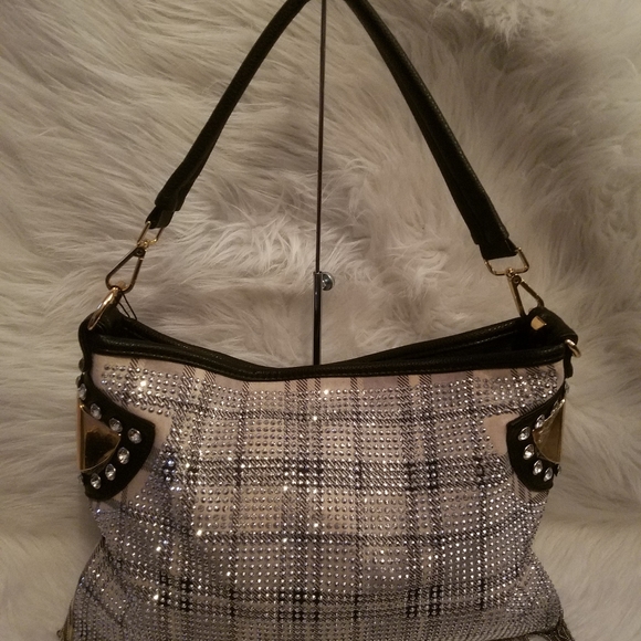 BEIGE AND BLACK SPARKLING FRINGE PLAID PRINT SHOULDER BAG - Picture 2 of 11